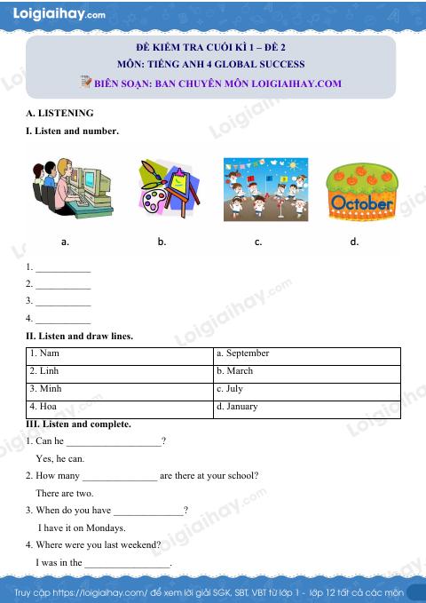 Đề thi học kì 1 Tiếng Anh 4 Global Success - Đề số 3